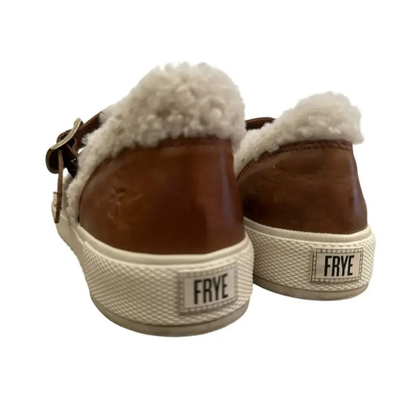 Frye Gia Moto Cognac Leather Sherpa Shearling Low Top Sneaker Shoe Size 8M - Picture 6 of 9
